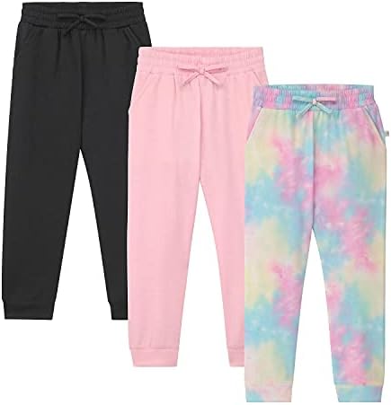 BTween Kids Girl's Fashion Stretch Waist Ultra Soft Jogger Pants Set - 3 Pack Bundle Black