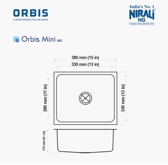 Image of NIRALI Kitchen Sink 15x13 Inch 304 Heavy Duty Stainless Steel | Single bowl Sink Round Coupling | Rust & Stain Resistant | Brushed Matt Finish | Minimizes Sound Orbis SInk (Matt, 15 inch x 13 inch x 6.5 inch)