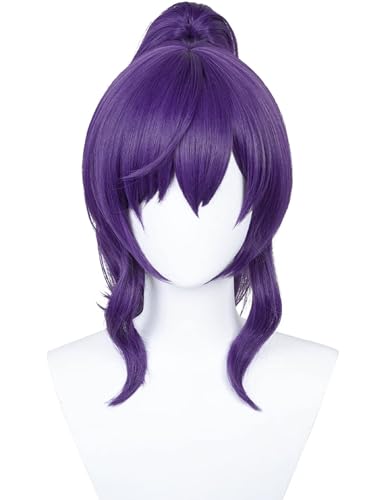 Image of Long Curly Purple Ponytail Anime Wig with Bangs 23.6'' Dark Purple Wigs | Deep Purple Pigtail Wig Synthetic Hair for Women Halloween Costume Party