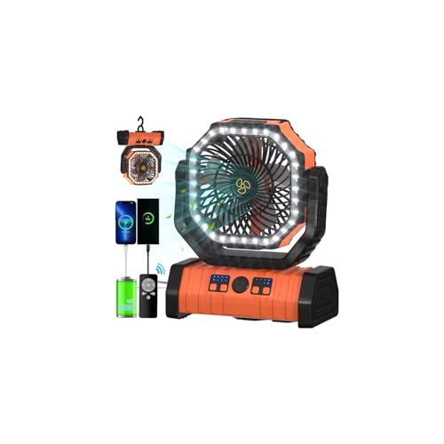 ADUST Camping Fan - 20000mAh Battery Powered Fan Battery Operated Rechargeable Portable Outdoor Tent Fans with Hanging Hook, Cordless, 4 Speeds, Remote Control - Orange