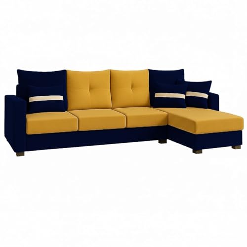 Image of CASASTYLE Vogue 5 Seater Fabric RHS L Shape Sofa Set (Yellow-Dark Blue) Velvet Finish | Comfortable Sectional Sofa for Living Room