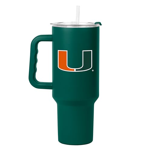 Logo Brands NCAA Miami Hurricanes 40 oz Tumbler with Handle - Powder Coated-Stainless Steel with Straw – Leak-Resistant, Keeps Drinks Hot/Cold – Everyday Use