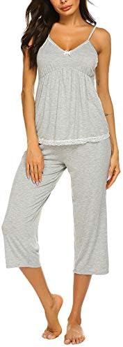 Ekouaer Women's Capri Pajamas Set V-Neck Sleepwear Summer Pj Set Sexy Spaghetti Strap Sleep Set Grey L