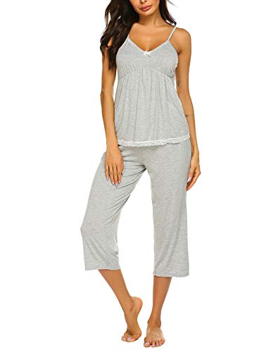Ekouaer Women's Capri Pajamas Set V-Neck Sleepwear Summer Pj Set Sexy Spaghetti Strap Sleep Set Grey L #TOP2