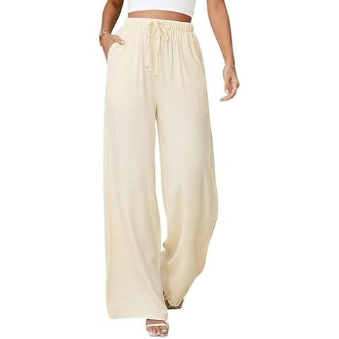 Jyanl Womens Linen Pants Casual Wide Leg Pants Summer Palazzo Pants Loose Flowy Beach Pants Trousers Drawstring Elastic Waist with Pockets Beige Cover