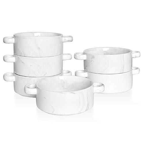 Bosmarlin Ceramic Marbling Souffle Dishes 10 Oz Dould Handle Ramekin for Baking Set of 6 (Marbling Grey 10 Oz)