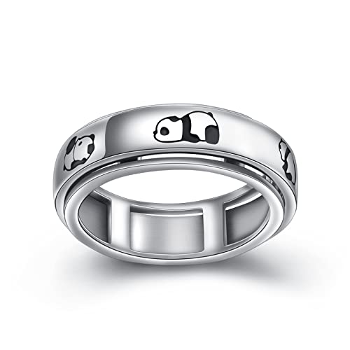 HOOHWE Spinner Rings for Anxiety,S925 Sterling Silver Fidget Anxiety Worry Relieving Boredom ADHD Autism Band Rings (2-Panda Rings, 7)
