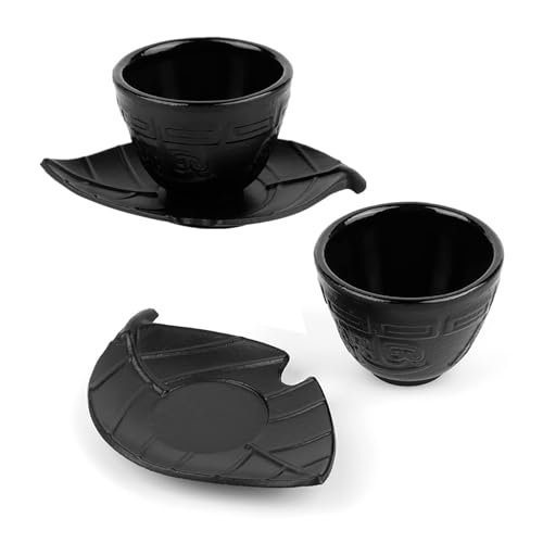 Beufee Cast Iron Tea Cup and Saucer Set - 2PCS Japanese Style Tea Mugs with Leaf Design, 6.76oz/200ml