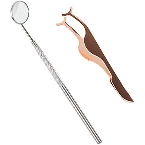 HOWDIA Eyelash Extension Tweezers(Rose Gold) and Makeup Mirror(Silver), Stainless Steel Eyelash Applicator Tool for Lashes Application and Removal Cover
