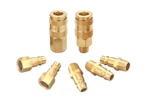 T TANYA HARDWARE Pro High Flow Coupler and Plug Kit (7 Piece), V Style, 1/4 Inch NPT, Solid Brass Quick Connect Air Fittings Set