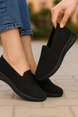 Romba Sport Womens Girls Athletic Mesh Slip On Casual Sneakers - Medical Brushed Flexible Sole - Slip On Walking Shoes for Daily Use Black, 38 EU