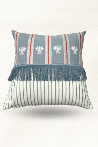 Ethnic Pattern Linen Throw Pillow with Tassels, 18x18 Inch Decorative