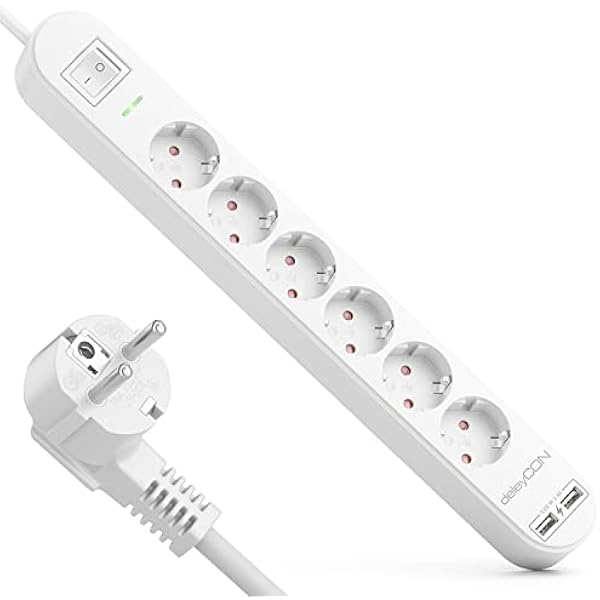 deleyCON 1 5m Listwa Zasilająca 6-Gniazd z USB 6x Gniazdo z Bolcem Ochronnym 2x USB-A Port ładowania np. do Telefonu Tabletu Ochrona Przeciwprzepięciowa Wyłącznik ON OFF Biała