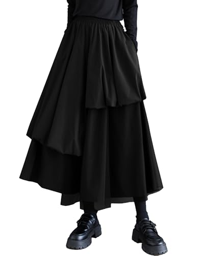 ellazhu Women's Skirt Casual High Waist Mid Length Loose Oversize Guaze Solid GZ335