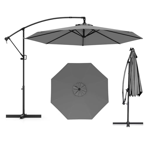 Image of TANGZON 3m Cantilever Garden Parasol, Heavy Duty Offset Patio Umbrella with Cross Base, 360° Rotation & Easy Tilt Adjustment, Outdoor Square Hanging Sun Shade Roma Umbrella (Grey, without Lights)