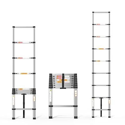 Telescoping Ladder, 8.5ft Stainless Steel Extension Ladder, Anti-Slip Rubber Feet Portable Heavy Duty Ladder 330lbs Max Capacity Lightweight Ladder Multi-Purpose Collapsible Ladder for Outdoor Indoor