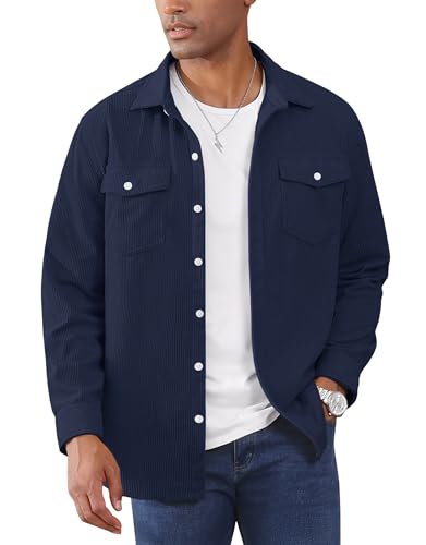 EKLENTSON Men's Corduroy Shirts Button Down Trucker Jacket Long Sleeve Western Shirts with Flap Pocket Navy XL