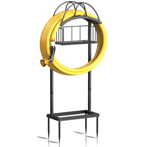 LIONONLY Garden Hose Holder, Freestanding Heavy Duty 4 Spikes Water Hose Holder with Storage Basket,...