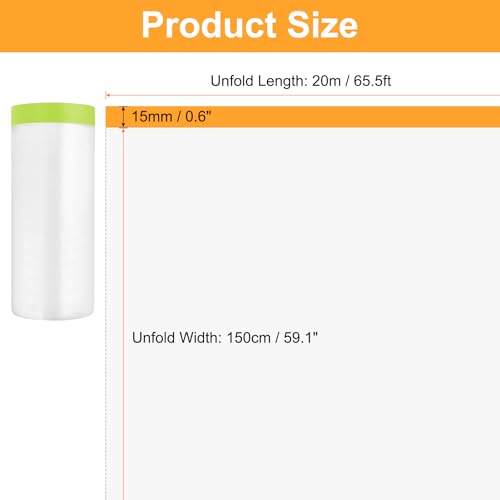 Image of HARFINGTON 3 Rolls Pre-Taped Masking Film 59.1 inch x65.6ft Tape and Drape Painters Plastic Drop Cloth Film with Tape Plastic Sheeting for Automotive Painting Covering, Green
