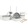 Martha Stewart Emmeline Premium Nonstick PFA Free Ceramic Interior 12 Piece Heavy Gauge Enamel Aluminum Pots and Pans Cookware Set Linen White