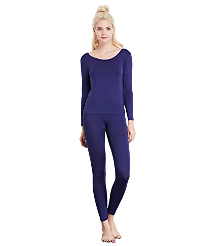 Liang Rou Women's Scoop Neck Long Johns Ultra Thin Modal Thermal Underwear Top & Bottom Set Navy Blue Small