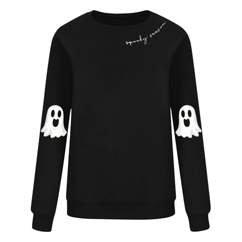 Halloween Sweatshirts for Women Spooky Season Funny Long Sleeve Graphic Crewneck Pullover Tops Cute Ghost Sweater4