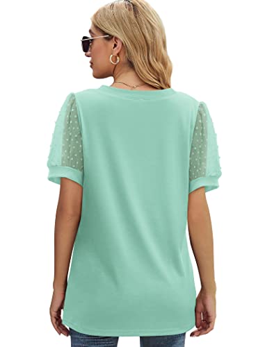 Image of Aokosor Womens Summer Tops V Neck T Shirts Swiss Dot Puff Sleeve Tops Loose Casual Tshirts