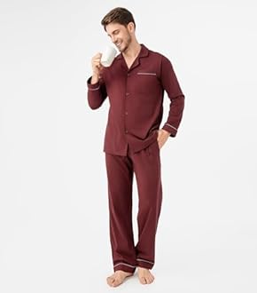 DAVID ARCHY Mens Pajamas Set Soft Cotton Notched Collar Pajamas for Men Long Sleeve Mens Sleepwear with Pockets & Front Fly