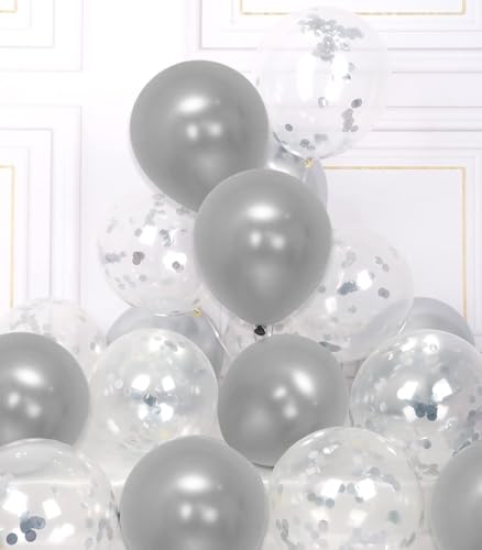 Image of Rozi Decoration Silver Metallic & Confetti Balloon Set - 10 Pcs (5 Metallic + 5 Confetti) | Party Decoration Balloons for Birthday, Anniversary, Wedding, Engagement & Celebration Decor