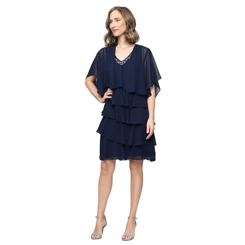 Image of S.L. Fashions Women's Chiffon Tiered Jacket Dress with Beaded Neckline Mother of the Bride, Cocktail, Or Wedding Guest Dress