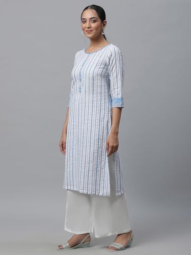 Image of Aurelia Women's Muted Marmalade Stripes Yarn Dyed Seer Sucker Slub Stripe Straight Kurta