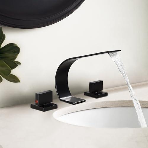 becola Black Bathroom Faucet 3 Hole,Ultrathin Low Arc 8 inch Widespread Bathroom Faucet,Waterfall Bathroom Faucet,2-Handle Modern Vanity Faucet with Hot and Cold Water Supply Hoses by becola - Used condition - Image 9