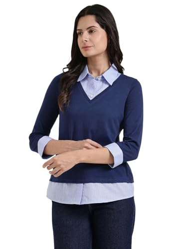 Image of FableStreet Women Shirt | Slim Fit V-Neck Layered Look with Striped Spread Collar & Three-Quarter Sleeves | Cotton Knit Jersey Fabric for Business Casual