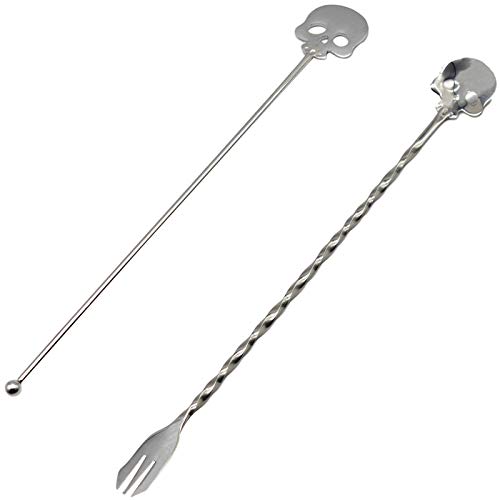 Maydahui 2Pcs Skull Swizzle Sticks Bar Spoon Mixing Spoons 9.8Inch 18/10（304）Stainless Steel Fruit Forks Reusable Stirrers Stir Cocktail Drink For Halloween #TOP6