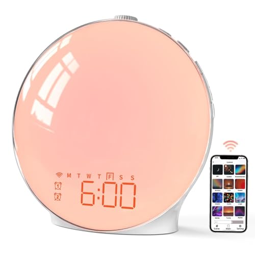 MOMILLA Smart Sunrise Alarm Clock, White Noise Sound Machine Wake-up Light with App Control, FM Radio, Sunset Night Light, Dual Alarms with Snooze Function for Heavy Sleepers Kids