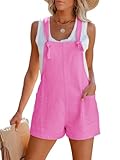 Aoudery Women's Summer Casual Sleeveless Rompers Loose Spaghetti Strap Cotton Shorts Overalls Jumpsuit with Pockets - Hot Pink XS