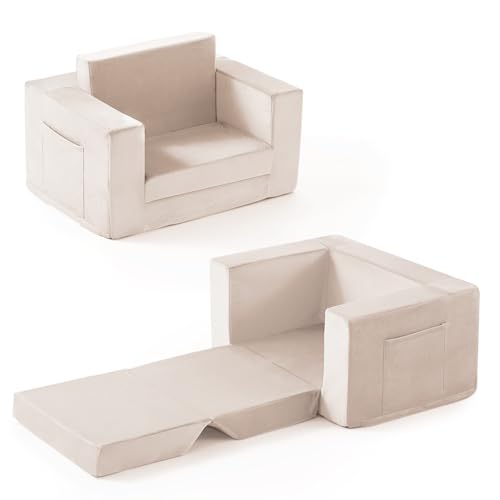 Zorvoxz Kids Couch, 2-in-1 Toddler Chair Comfy 1-3 Years, Convertible Kids Chair, Toddler Couch That Fold Out, Kid Lounge Chairs for Boys and Girls Gifts, Kids Recliner, Beige
