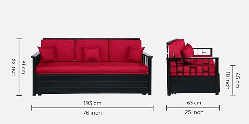 Image of Horrim 3 Seater Metal Sofa Cum Bed with Hydraulic Storage | Single Size Sofa Cuma Bed | 3 Seater Sofa Set, Metal Sofa Set for Living Room (Matte Black Finish with Red Cushion)
