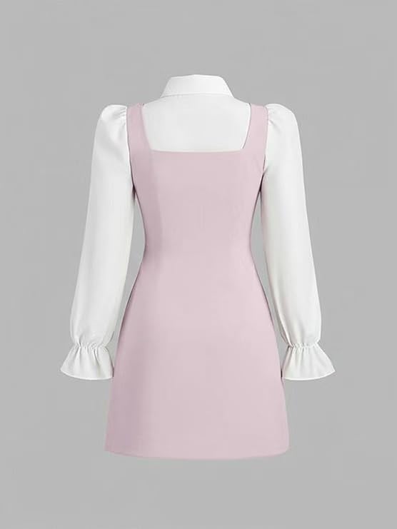 Image of Women Short Dresses 2 In 1 Colorblock Turndown Collar Lantern Sleeve Black Suit Cute Dress