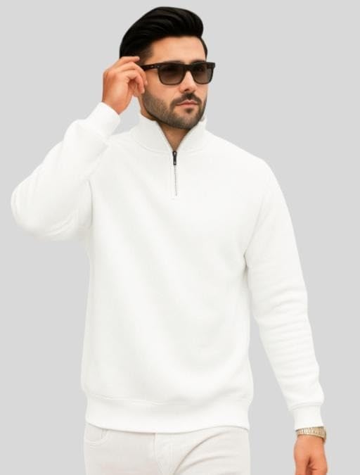 Image of Mens Half Zip High Neck Fleece Sweatshirt Full Sleeve Casual Winter Pullover Everyday Comfortable Top White M