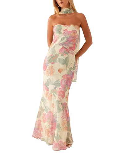 GUCURIN Women Strapless Floral Dress with Sarf Mesh Tube Maxi