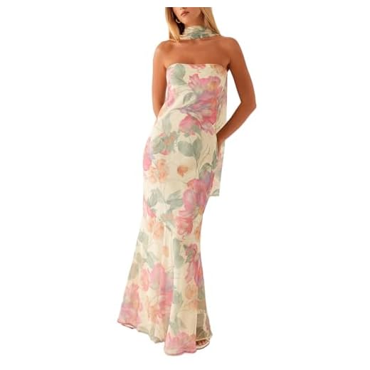 GUCURIN Women Strapless Floral Dress with Sarf Mesh Tube Maxi Dress Summer Cocktail Wedding Guest (M,Pink Floral)