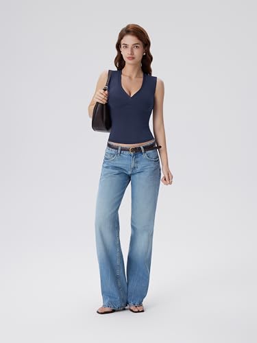 Image of SUUKSESS Women Built in Bra V Neck Tank Tops Double Lined Summer Going Out Camisole Tops