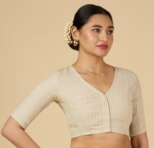 Image of Studio Shringaar Women Cotton Half Sleeve Madras Checks Saree Blouse with Stretchable Sides