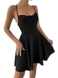 GORGLITTER Damen Rückenfreies Kleid A Linie Saterkleid Spaghettiträger Sommerkleid Partykleid Ärmellos Minikleid Freizeitkelid Schwarz S
