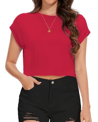Image of Womens Crop Tops Summer Roll Cap Sleeve Cropped Tshirt Loose Fit Basic Tees