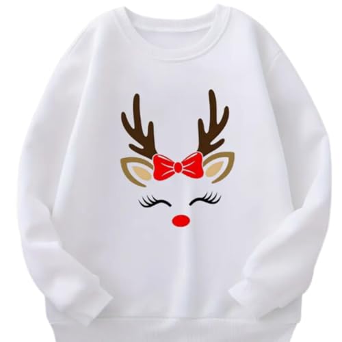 Girls Cute Elk Reindeer Christmas Sweater, Long Sleeve, White