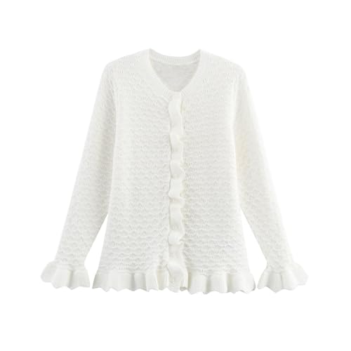 FindThy Women’s Crochet Cardigan Sweater Trendy Crewneck Ruffle Long Sleeve Button Down Crop Knitwear Tops