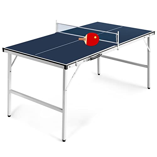 Spexlb Mid-Size Ping Pong Table- Indoor/Outdoor Portable Table Tennis Table with Net, 1 Table Tennis Paddles and 2 Balls, Blue