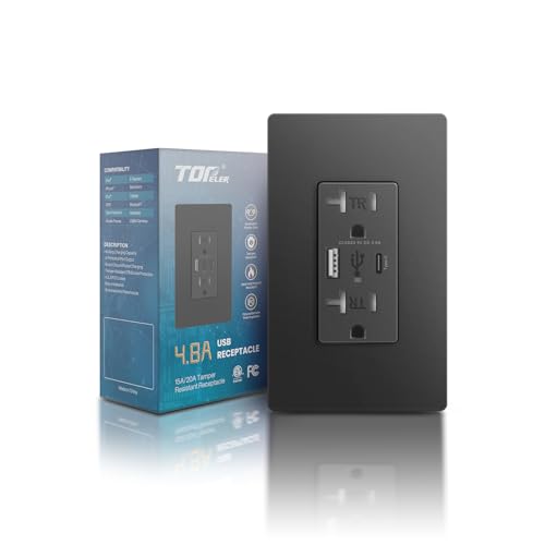 TOPELER USB Wall Outlets 4.8A USB Wall Charger Receptacle 20A 125V Tamper-Resistant Electrical Outlet with Type C/A for iPhone/iPad/Samsung/LG/HTC ETL Listed Black